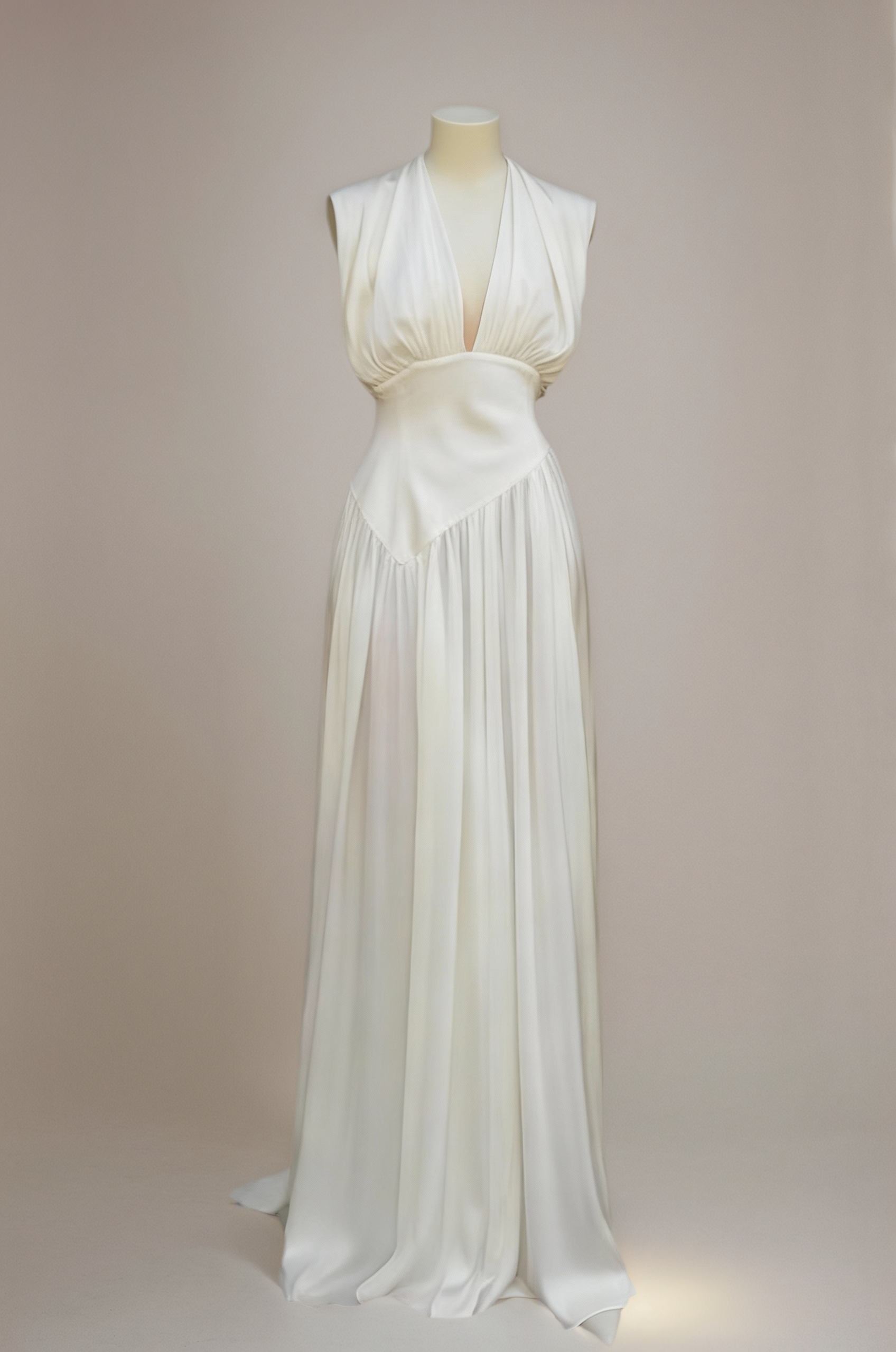 Ivory Satin Plunging V-Neck Evening Gown