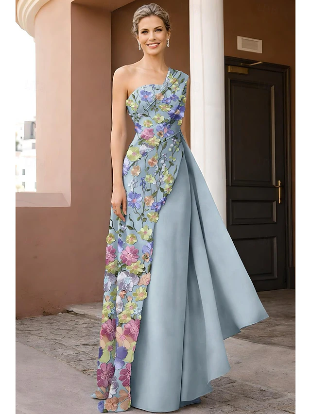 One-Shoulder Floral Applique Asymmetrical Long Evening Dress