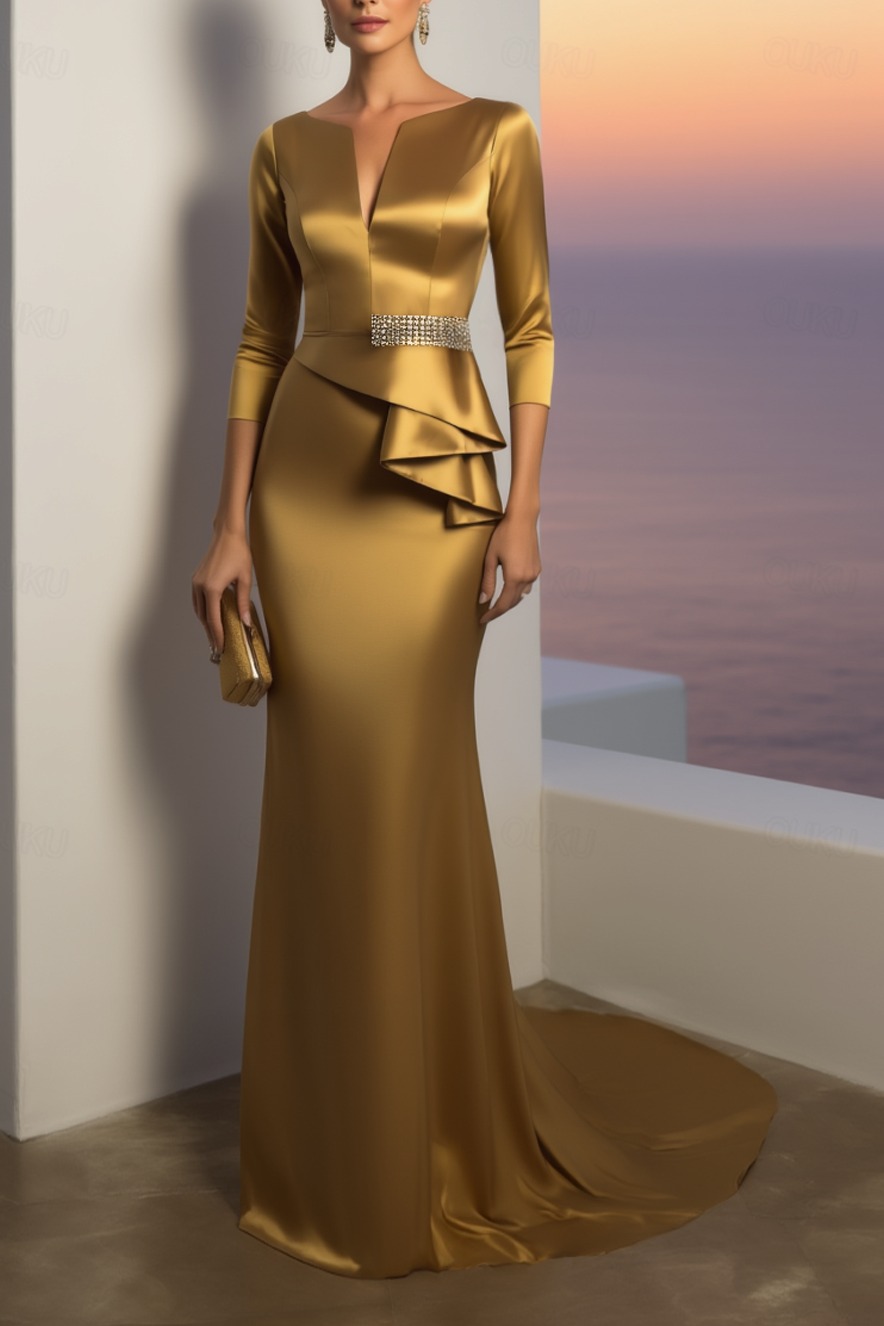 Formal ​Evening Dress Gold V Neck Maxi Satin Dress
