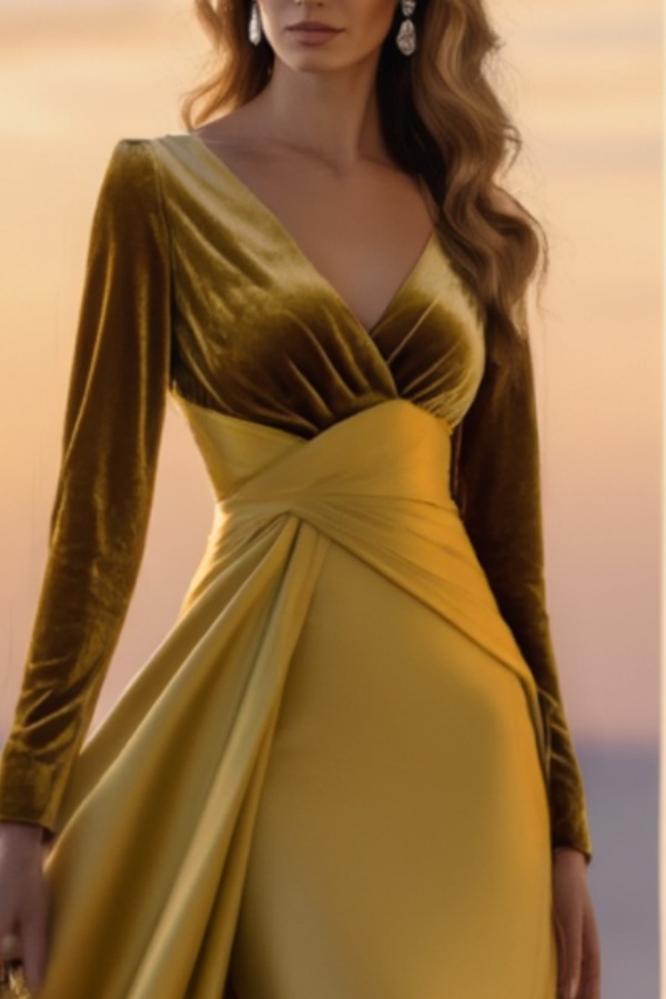 Evening Gold Velvet Maxi Dress V-Neck Long Sleeve Gown with Train