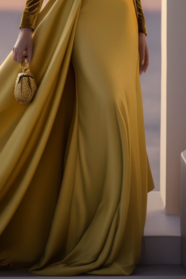 Evening Gold Velvet Maxi Dress V-Neck Long Sleeve Gown with Train