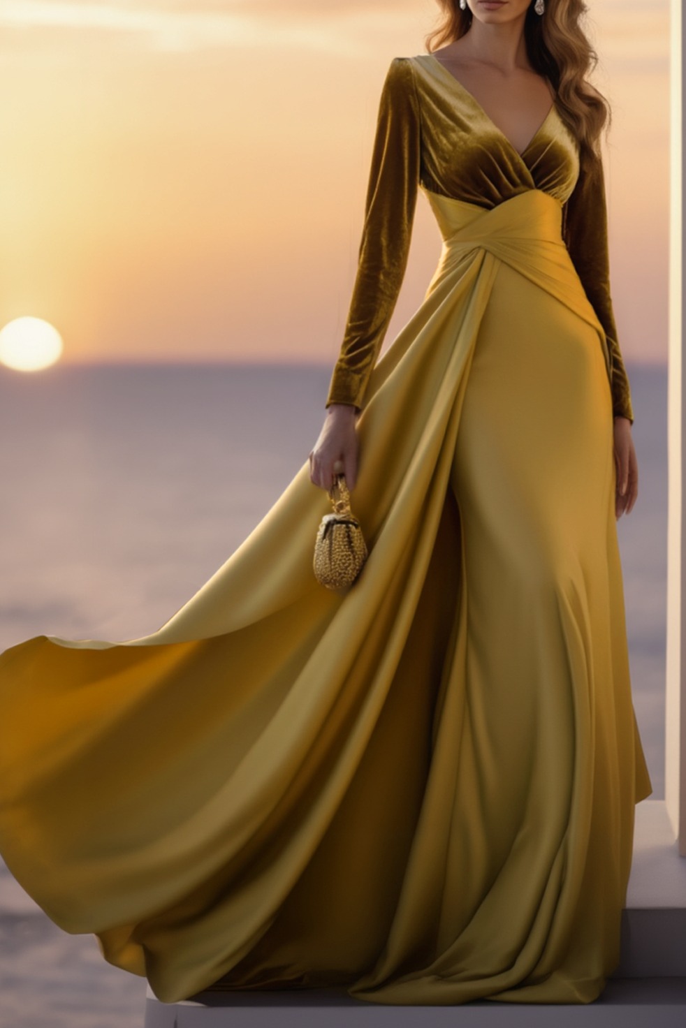 Evening Gold Velvet Maxi Dress V-Neck Long Sleeve Gown with Train