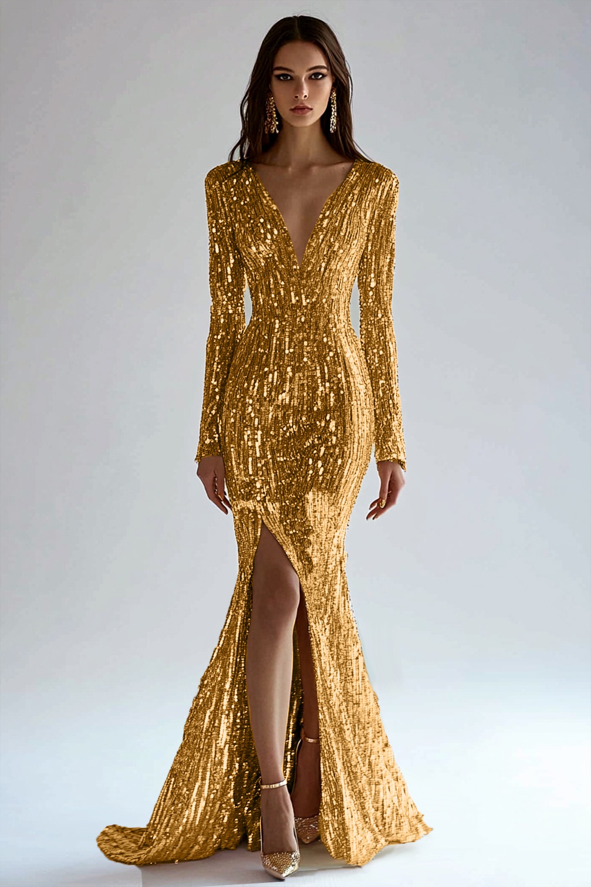 Gold Dress Sequin High Slit Long Sleeve Mermaid Maxi Dress