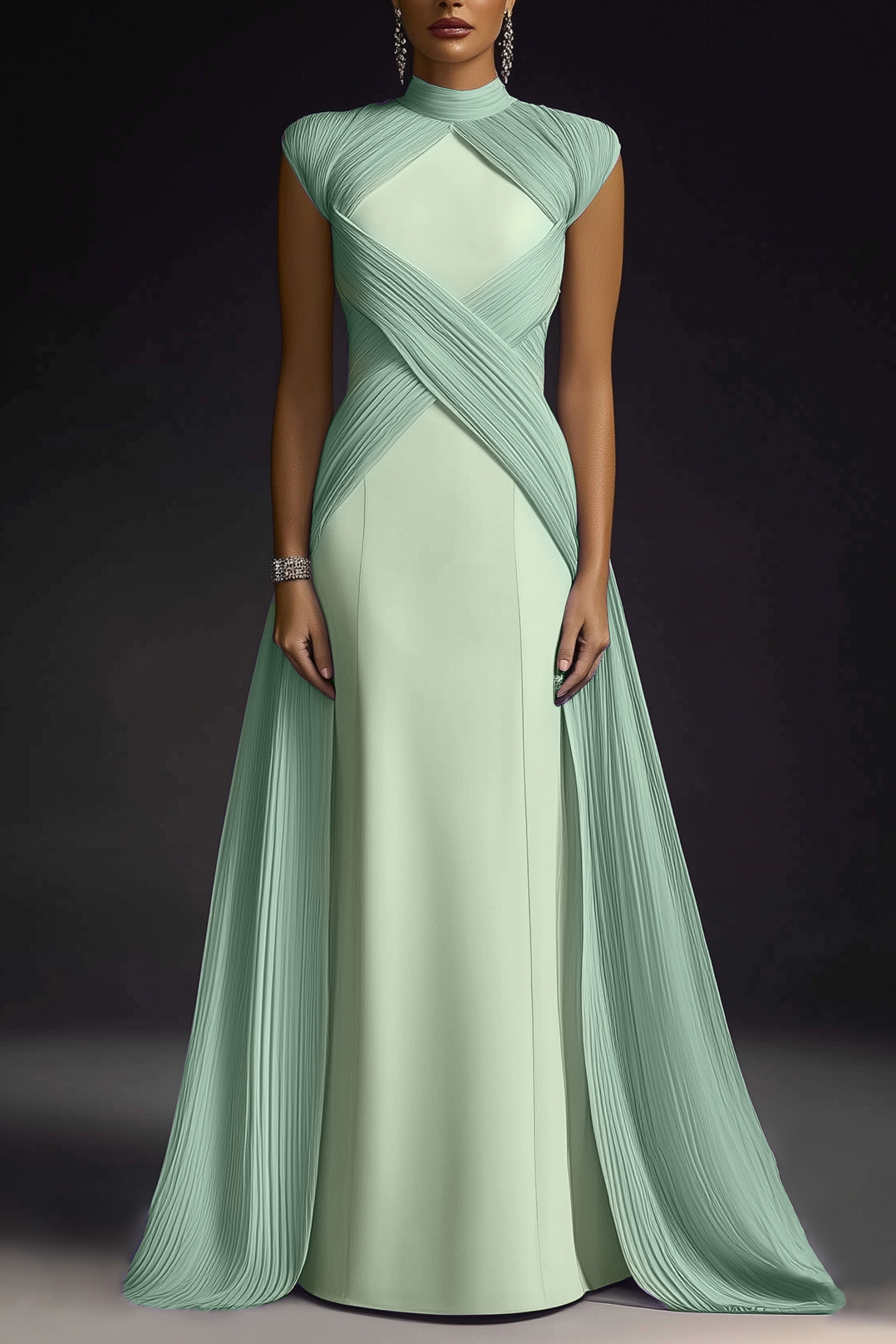 Formal Evening Dress Purple Stand Collar Pleated Train Maxi Gown