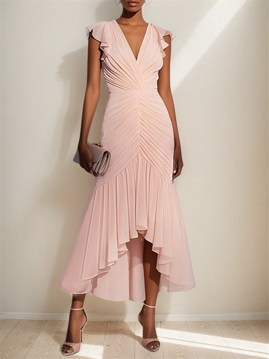 V-Neck Short Sleeves Asymmetrical Length Mermaid Chiffon Dress with Ruffles
