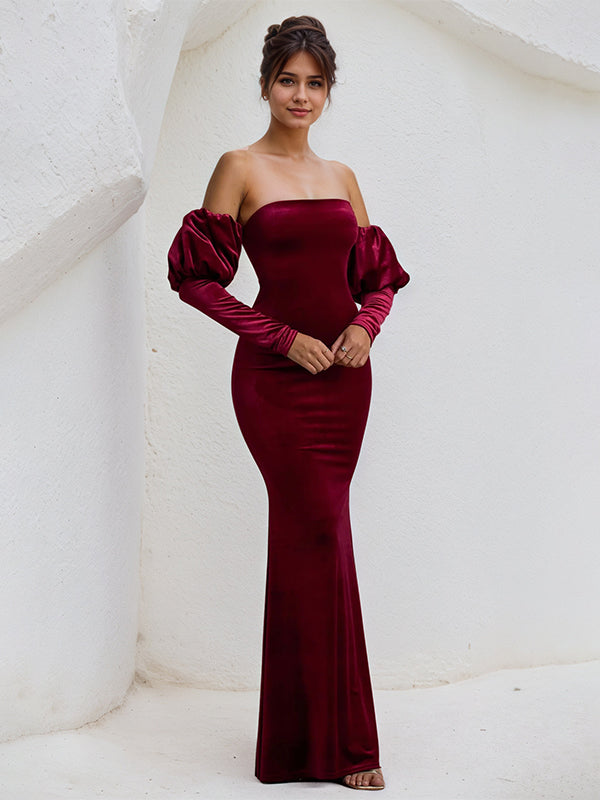 Wine Red Satin Strapless Long Puff Sleeves Floor Lenght Dress
