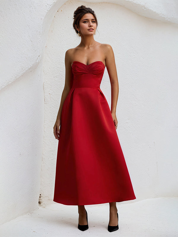 A Line Red Satin Sweetheart Ankle Length Dress