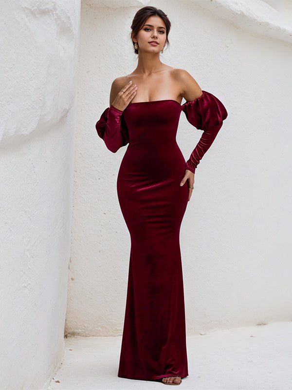 Wine Red Satin Strapless Long Puff Sleeves Floor Lenght Dress