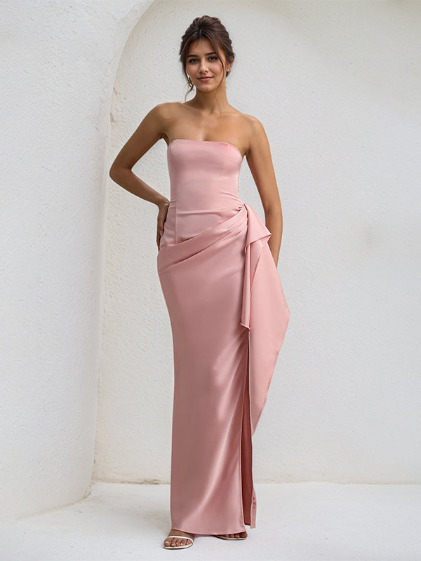 Pink Satin Off the Shoulder Sleeveless Ruffles Dress with High Slit