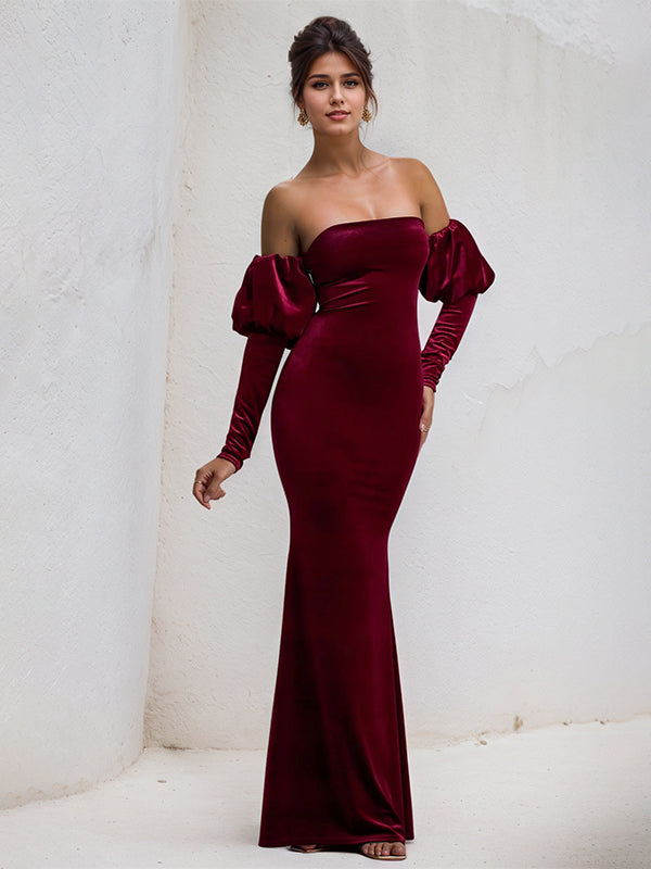 Wine Red Satin Strapless Long Puff Sleeves Floor Lenght Dress