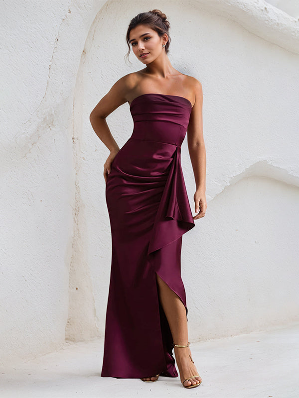 Wine Red Satin Off the Shoulder Sleeveless Ruffles Dress with High Slit