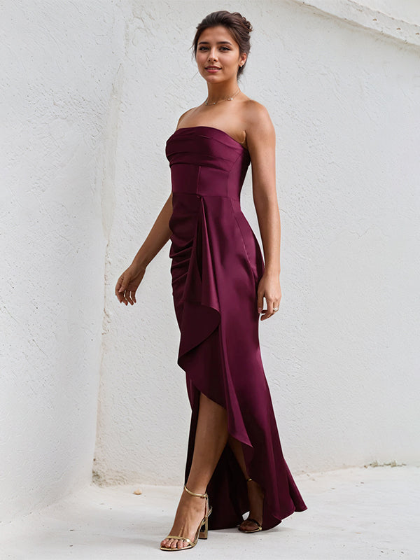 Wine Red Satin Off the Shoulder Sleeveless Ruffles Dress with High Slit