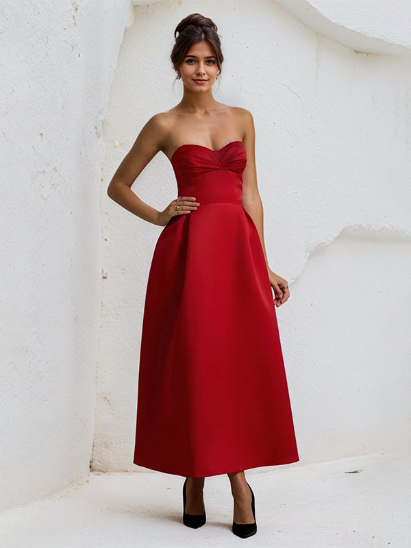 A Line Red Satin Sweetheart Ankle Length Dress