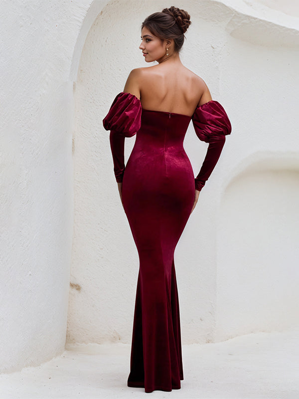 Wine Red Satin Strapless Long Puff Sleeves Floor Lenght Dress