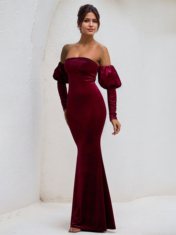 Wine Red Satin Strapless Long Puff Sleeves Floor Lenght Dress