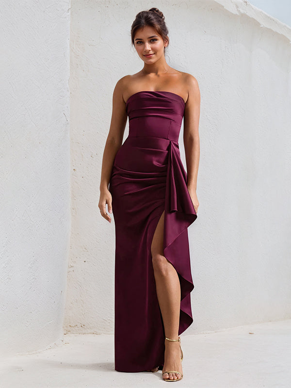 Wine Red Satin Off the Shoulder Sleeveless Ruffles Dress with High Slit