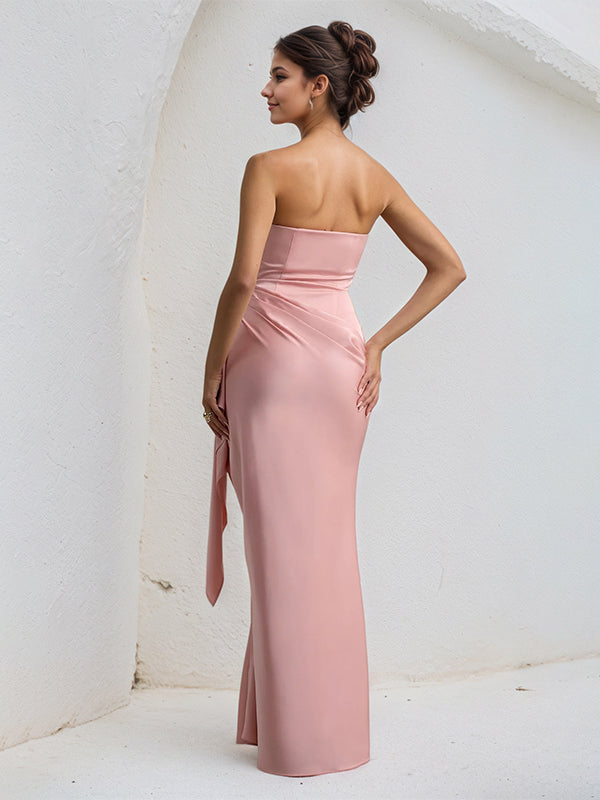 Pink Satin Off the Shoulder Sleeveless Ruffles Dress with High Slit