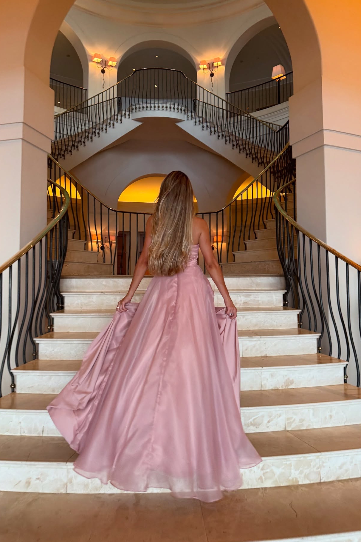 Formal Evening Tiered Dress Pink Strapless Maxi Gown