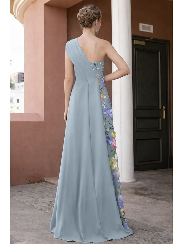 One-Shoulder Floral Applique Asymmetrical Long Evening Dress