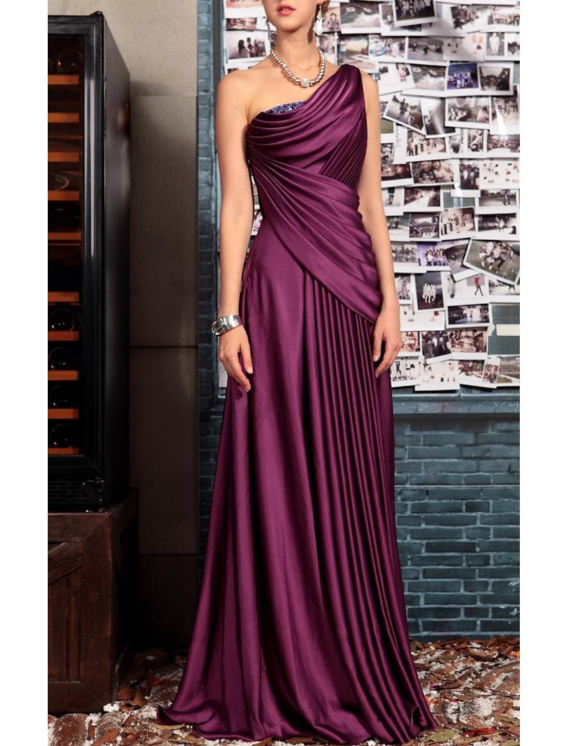 Satin One-Shoulder Sheath Evening Dress