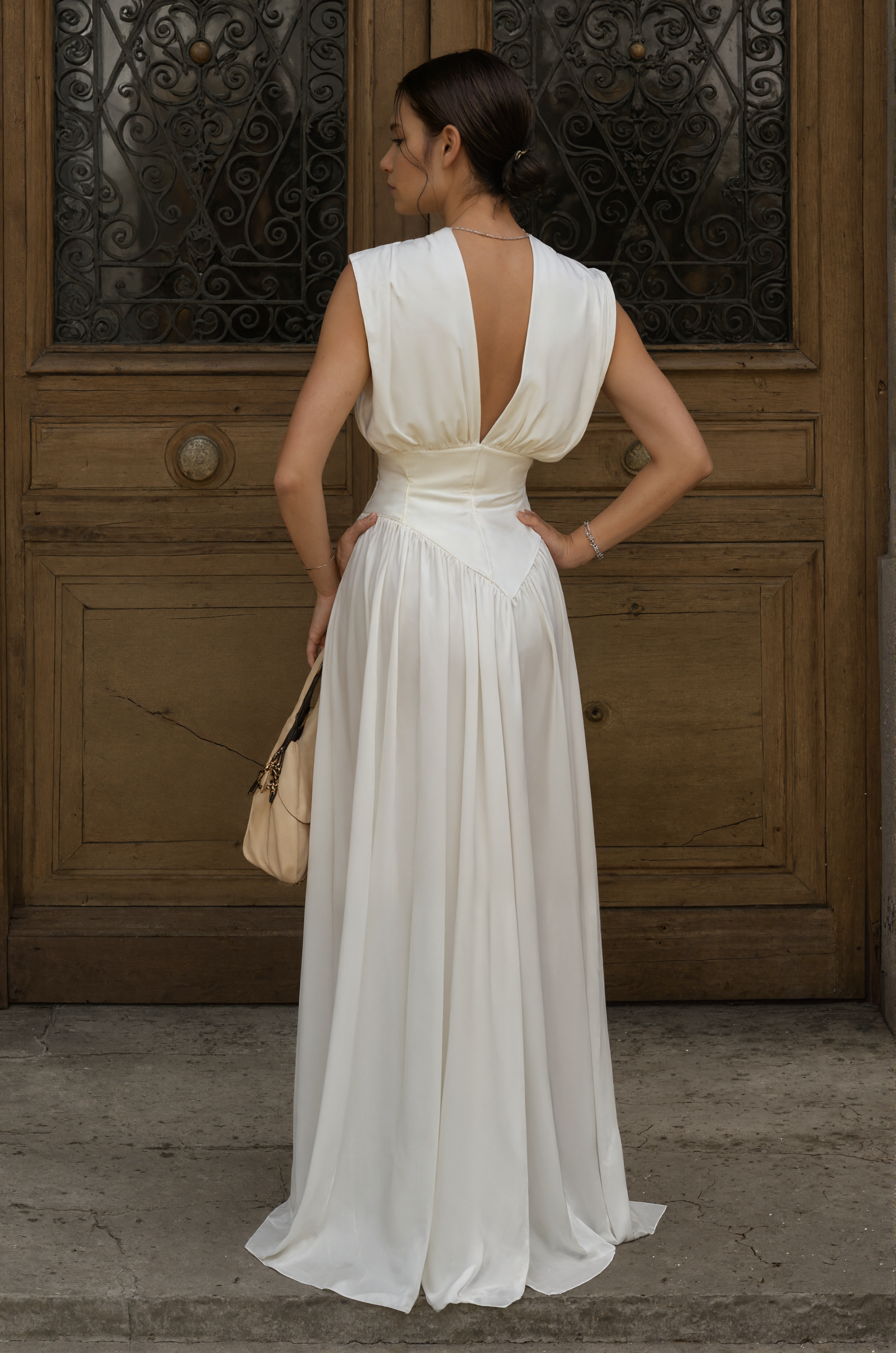 Ivory Satin Plunging V-Neck Evening Gown