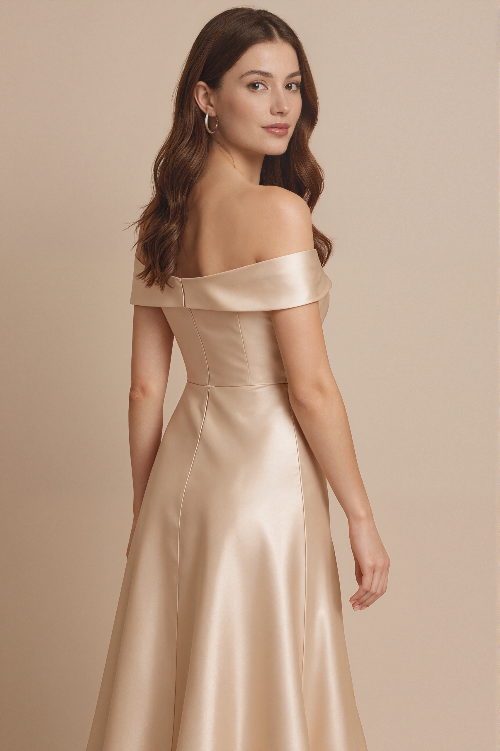 Formal Evening Dress Champagne Satin Off-Shoulder Draped Gown
