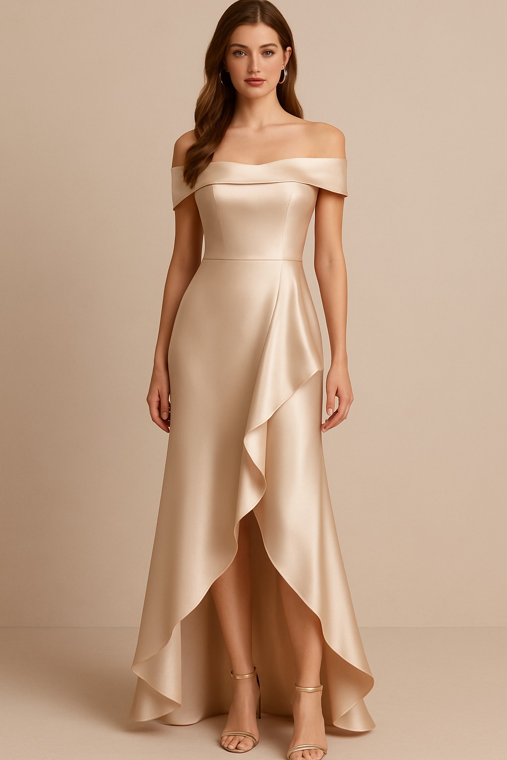 Formal Evening Dress Champagne Satin Off-Shoulder Draped Gown