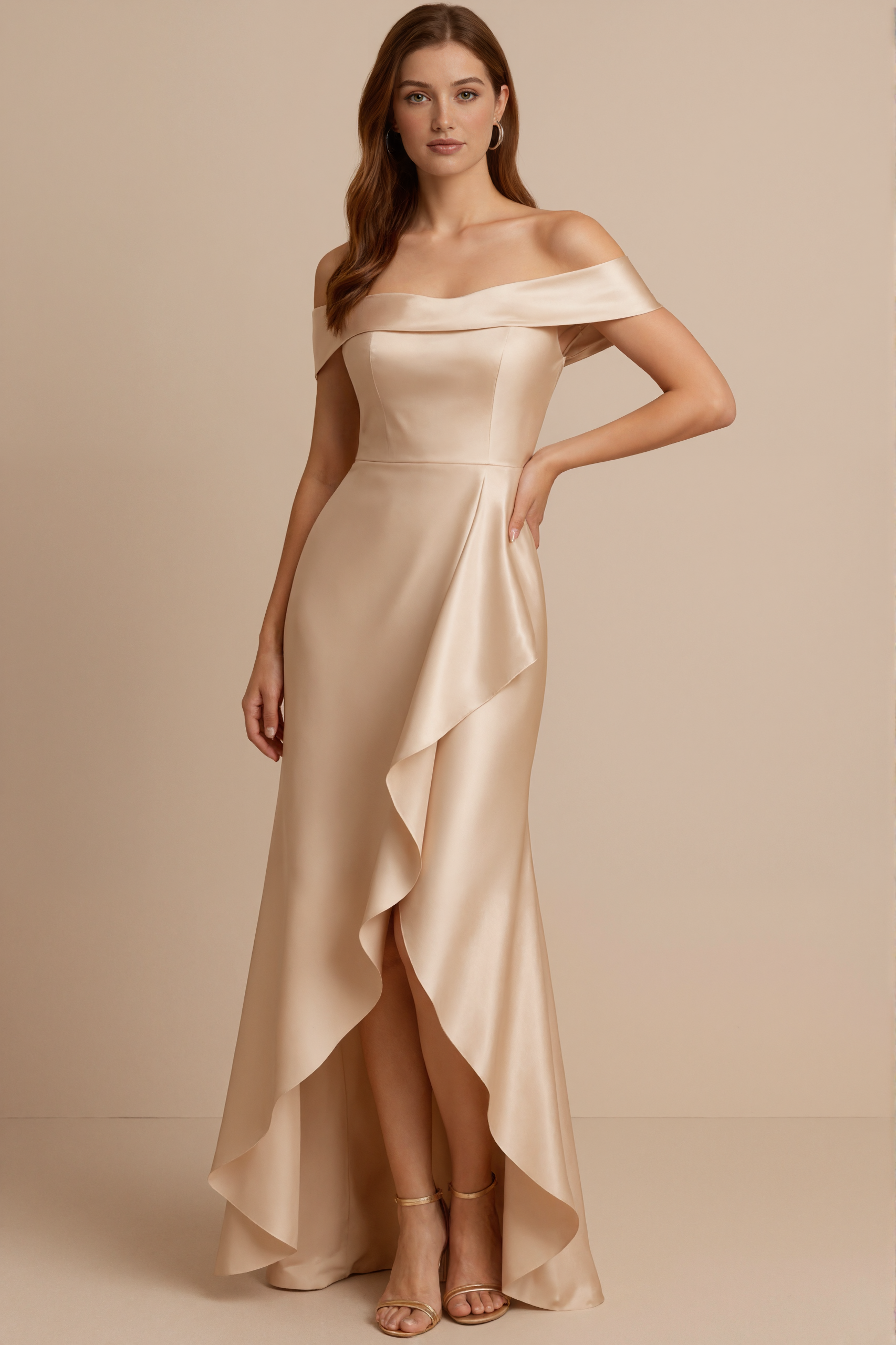 Formal Evening Dress Champagne Satin Off-Shoulder Draped Gown