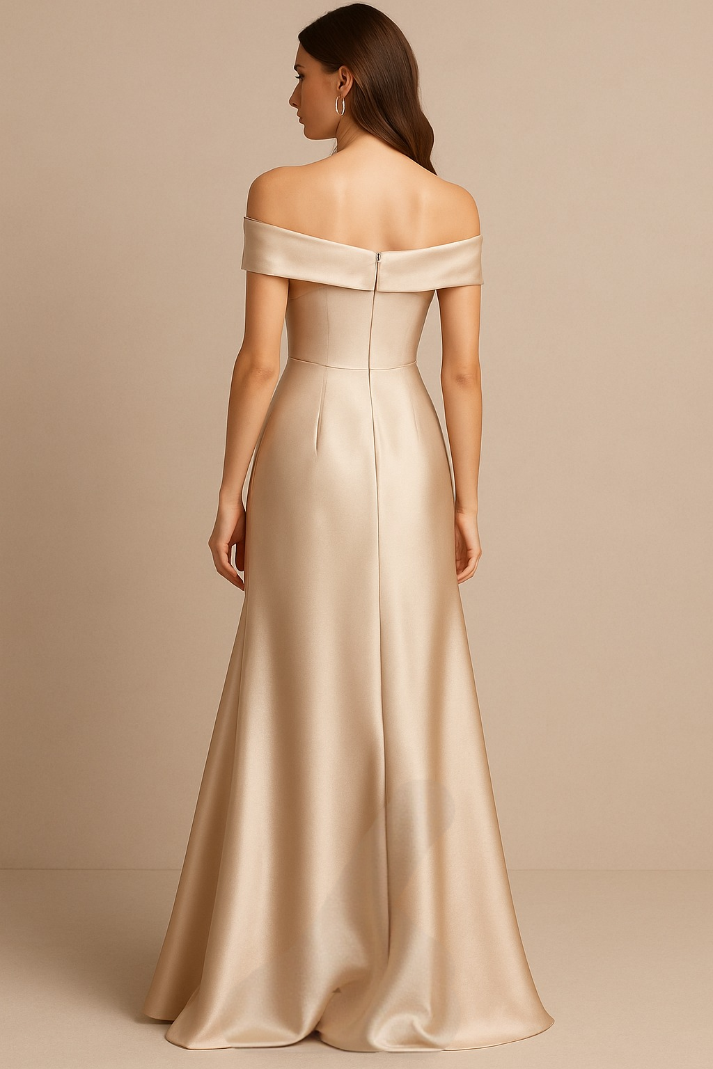 Formal Evening Dress Champagne Satin Off-Shoulder Draped Gown