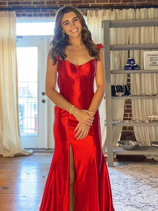 Red Mermaid Flowers Straps Long Prom Dress with Slit