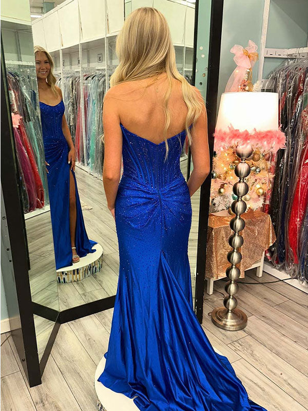 Green Mermaid Strapless Corset Beaded Prom Dress with Slit