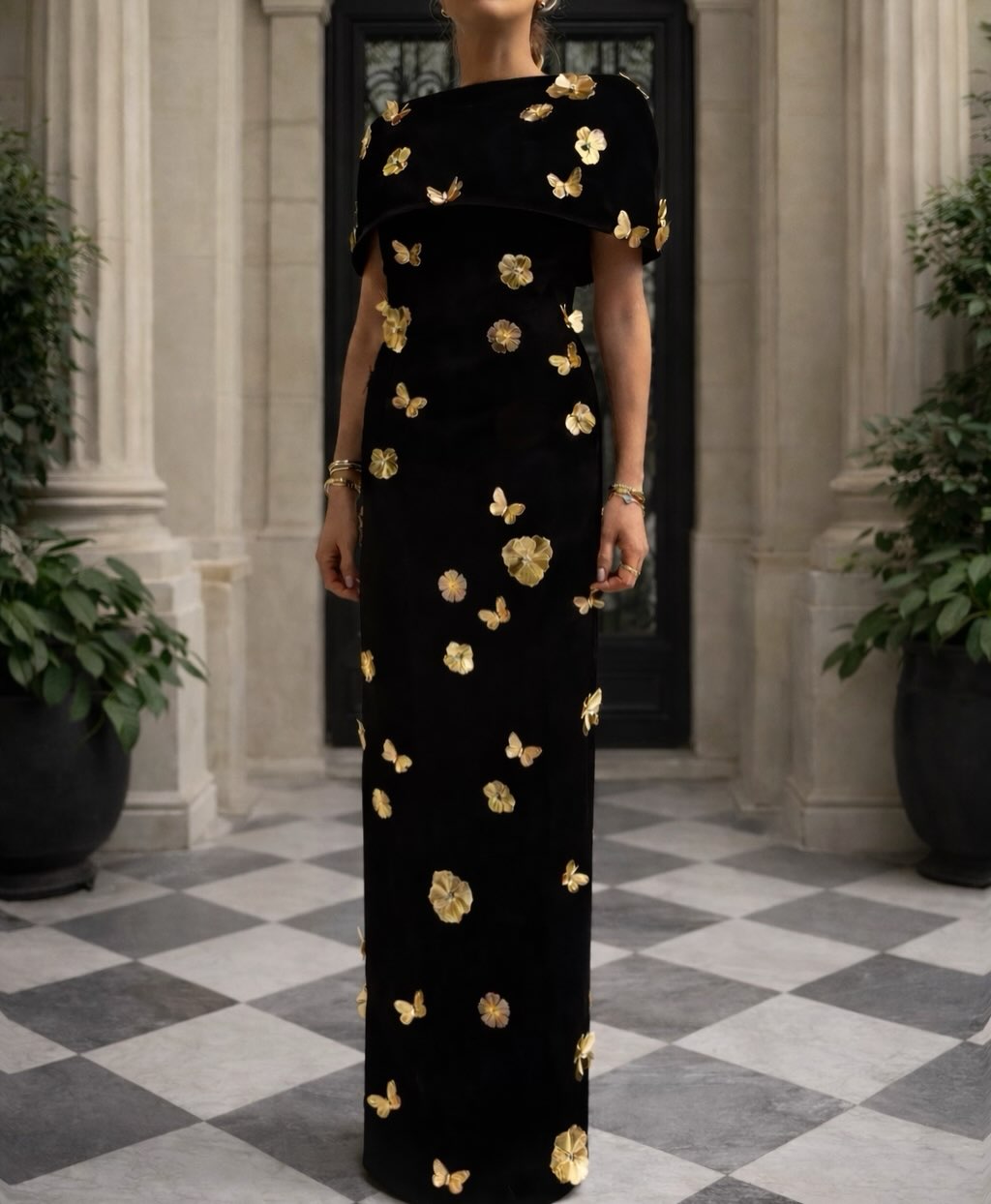 Velvet Gold Floral Applique Long Evening Dress