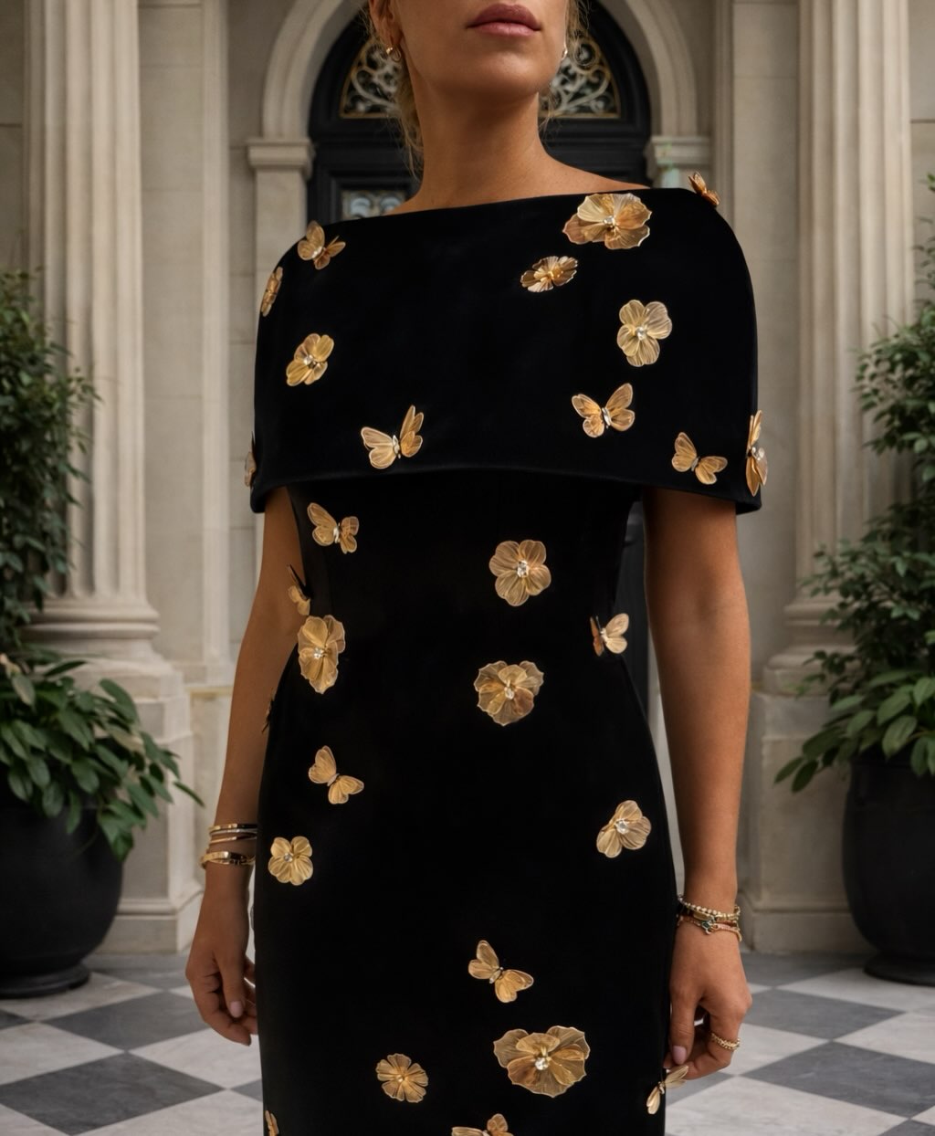 Velvet Gold Floral Applique Long Evening Dress