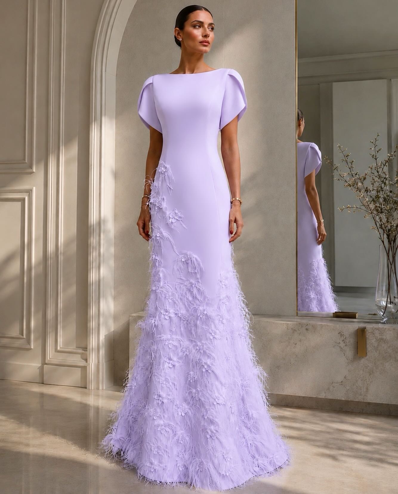 Elegant Lavender Boat-Neck Gown With Floral Feather Appliqué