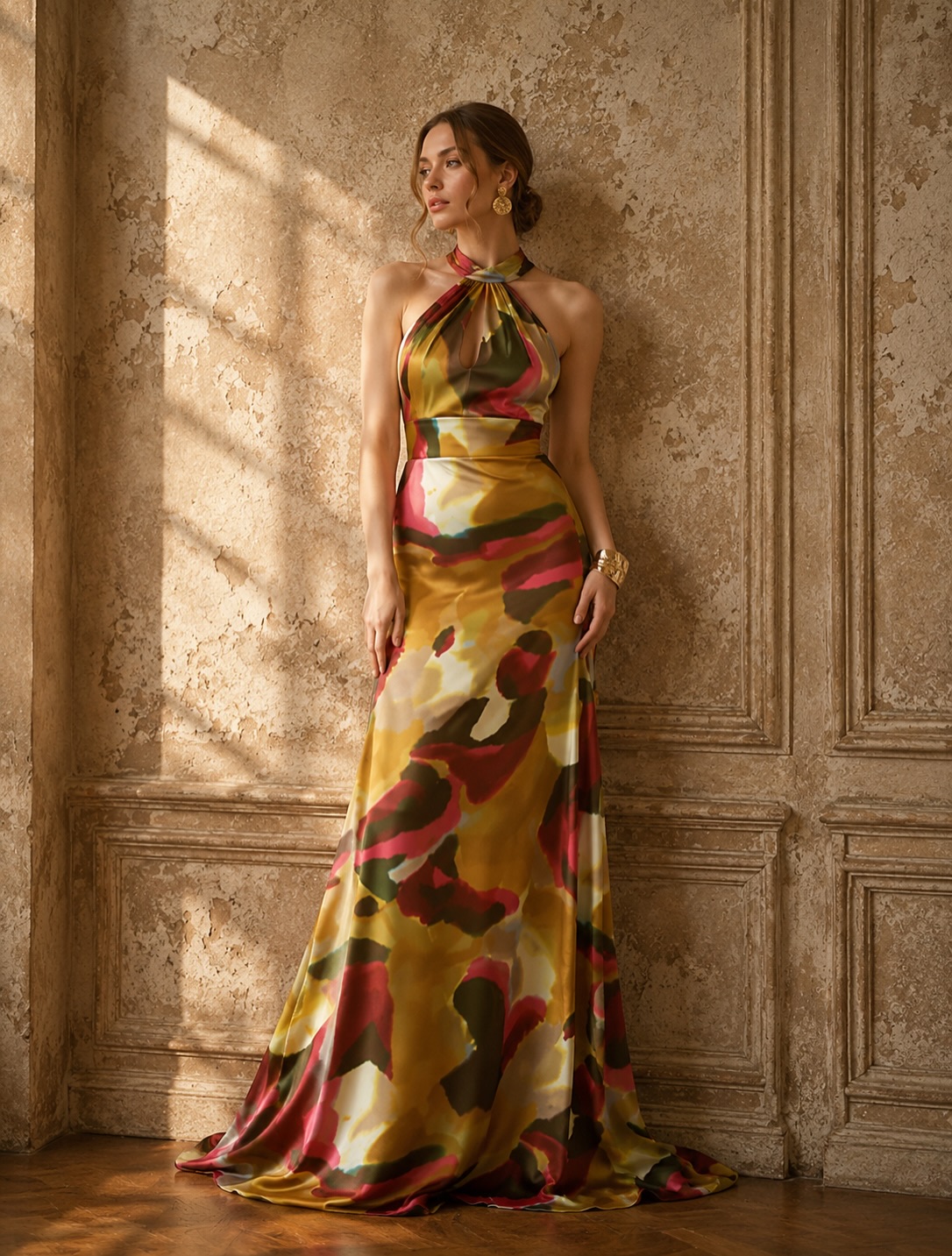 Halter Abstract Floral Print Satin Long Dress