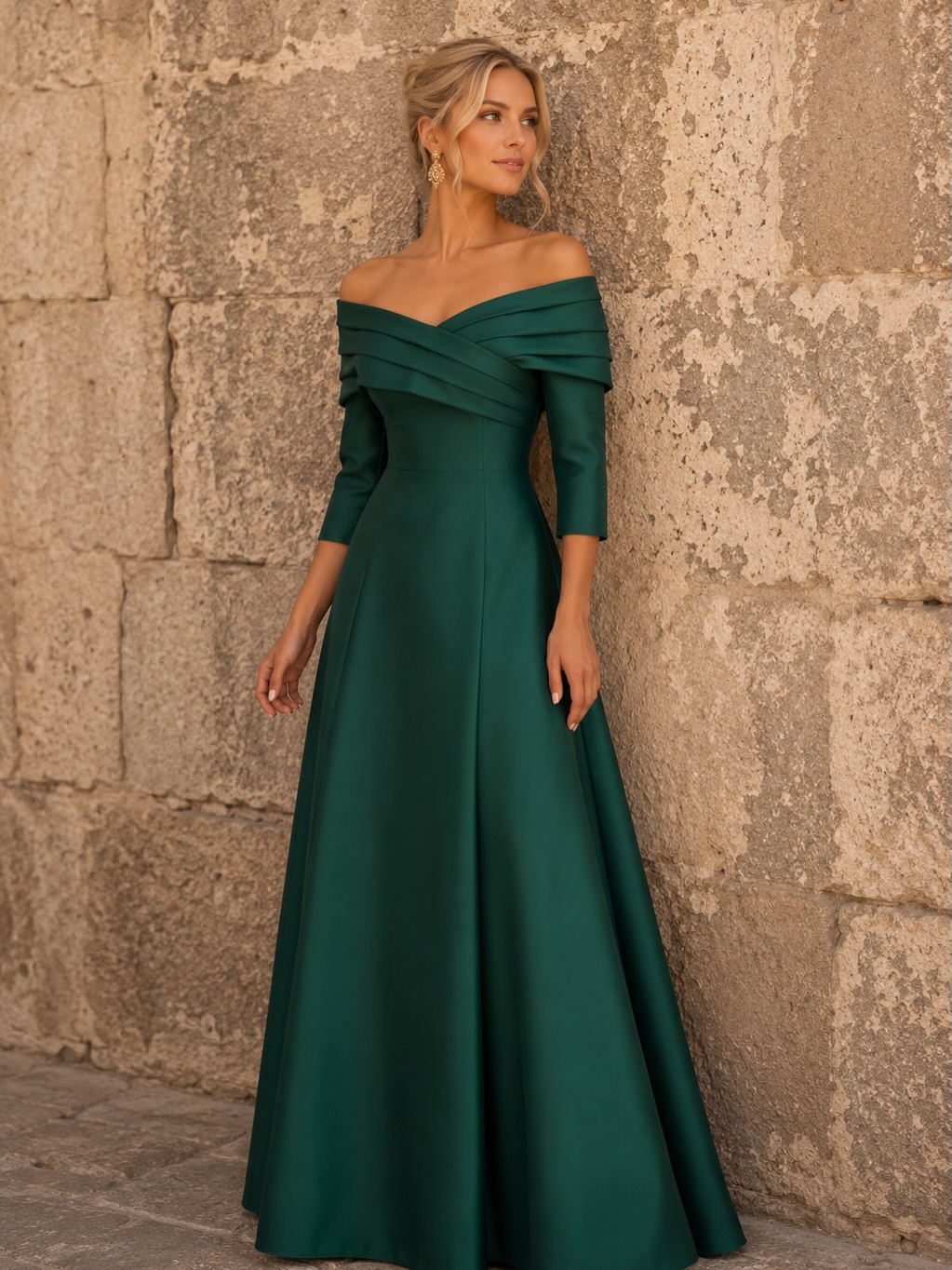 Off-the-Shoulder Pleated Satin Evening Gown