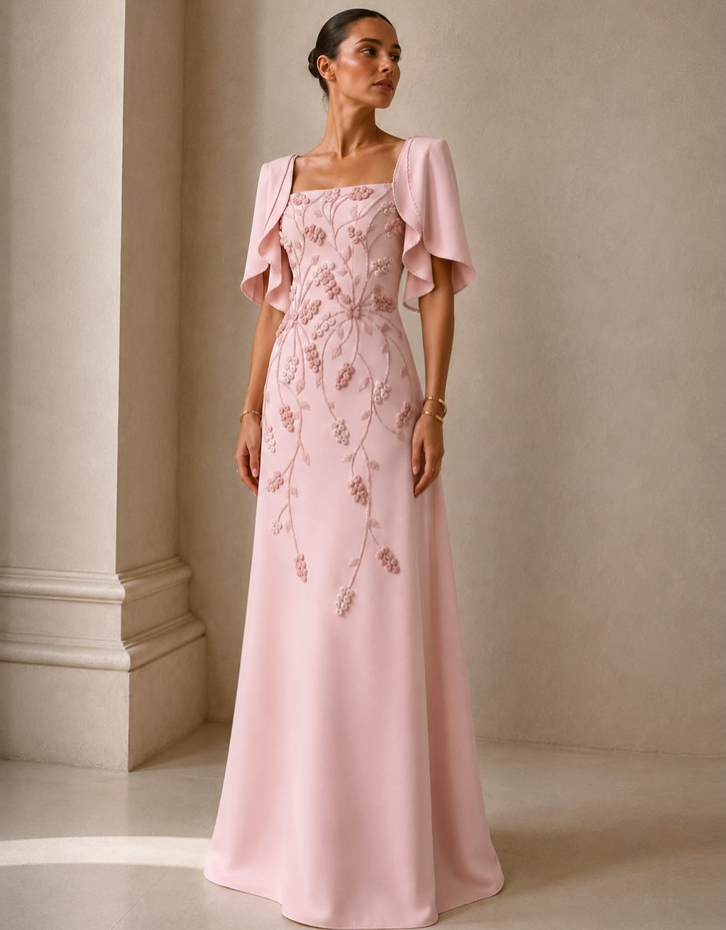 Elegant 3D Floral Appliqué Square-Neck A-Line Gown