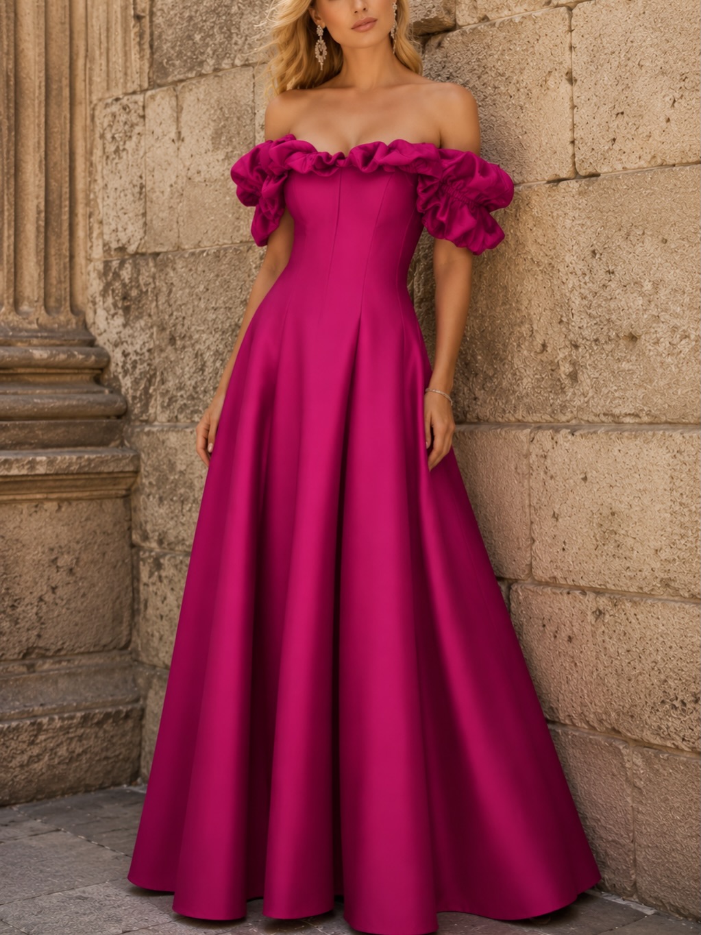 Off-the-Shoulder Ruffled Puff-Sleeve Satin Evening Gown