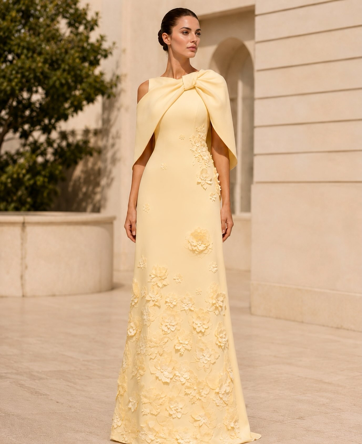 Elegant Cape-Style 3D Floral Appliqué Evening Gown