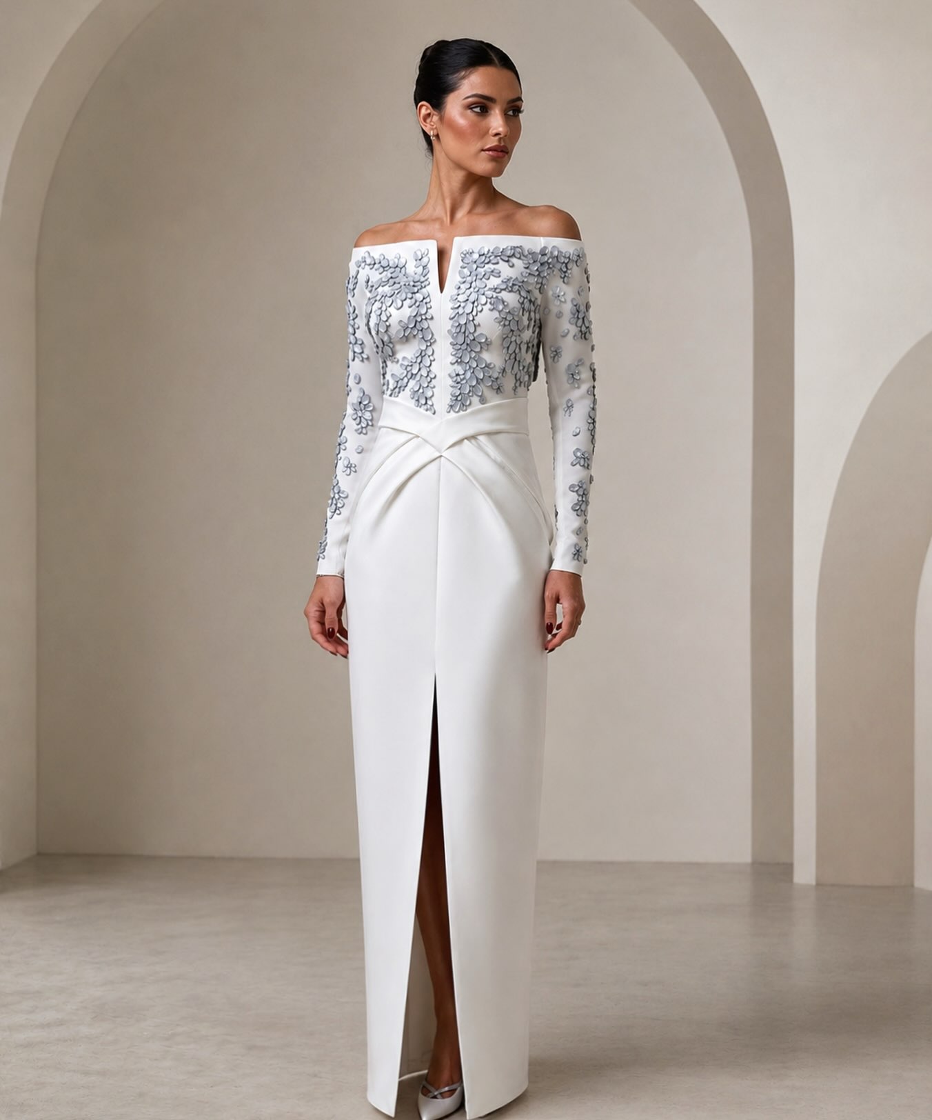 Off-the-Shoulder 3D Floral Appliqué Evening Gown