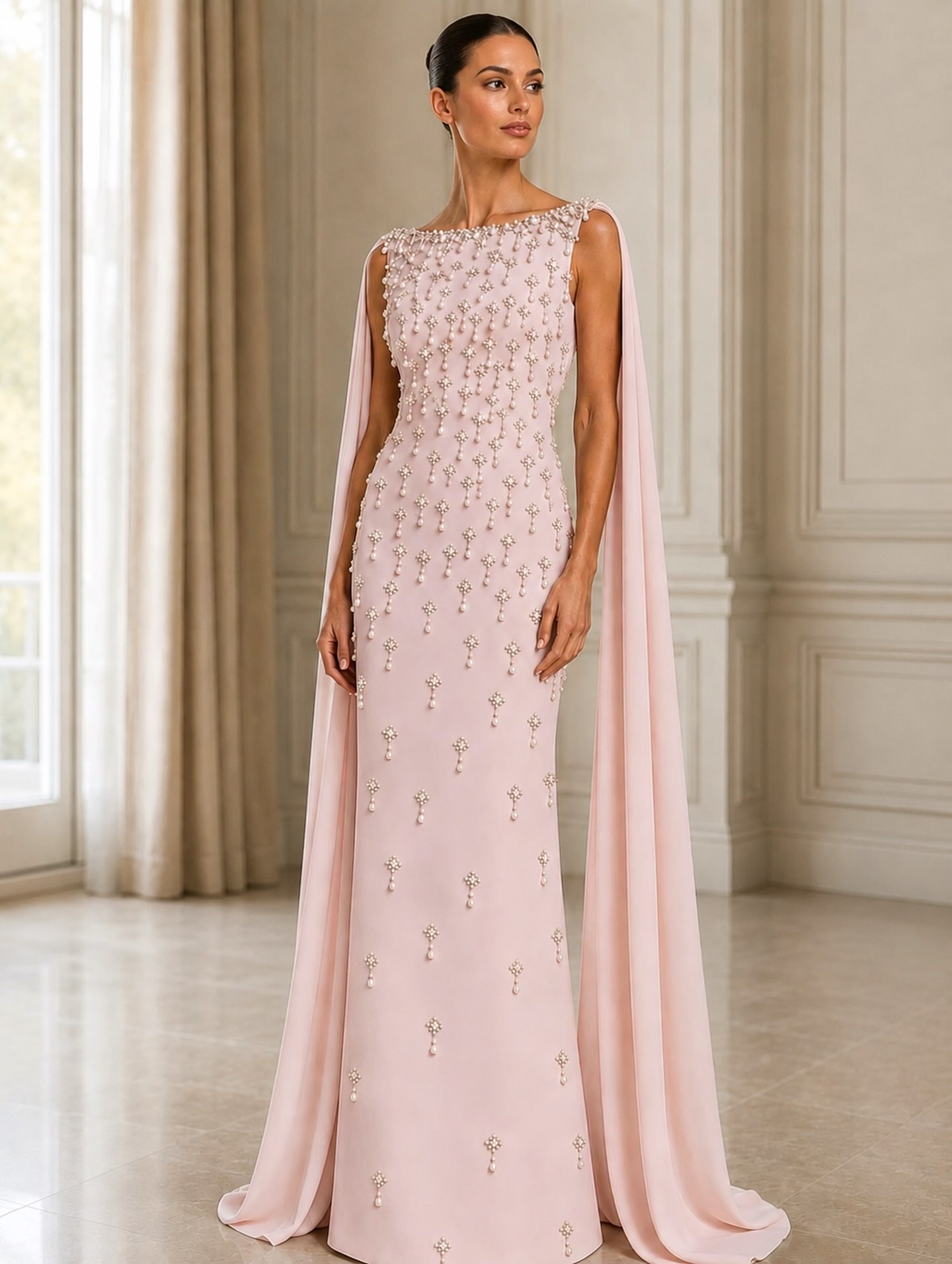 Beaded Chiffon Capelet Floor-Length Evening Dress