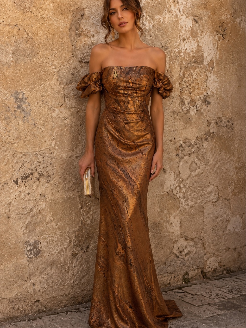 Metallic Brocade Off-The-Shoulder Column Evening Gown