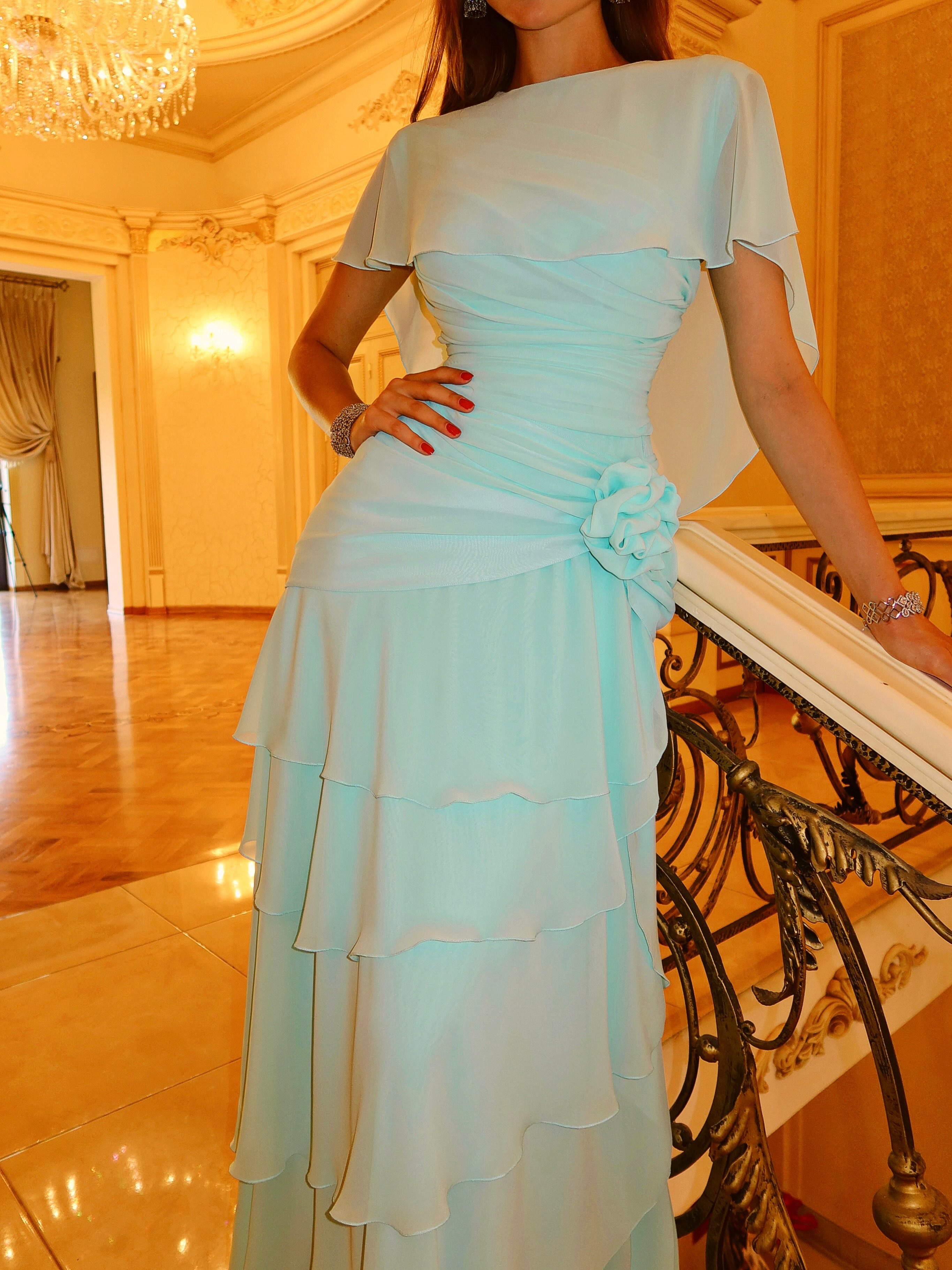 Ethereal Ruffled Chiffon Floor-Length Gown with Floral Waist Accent