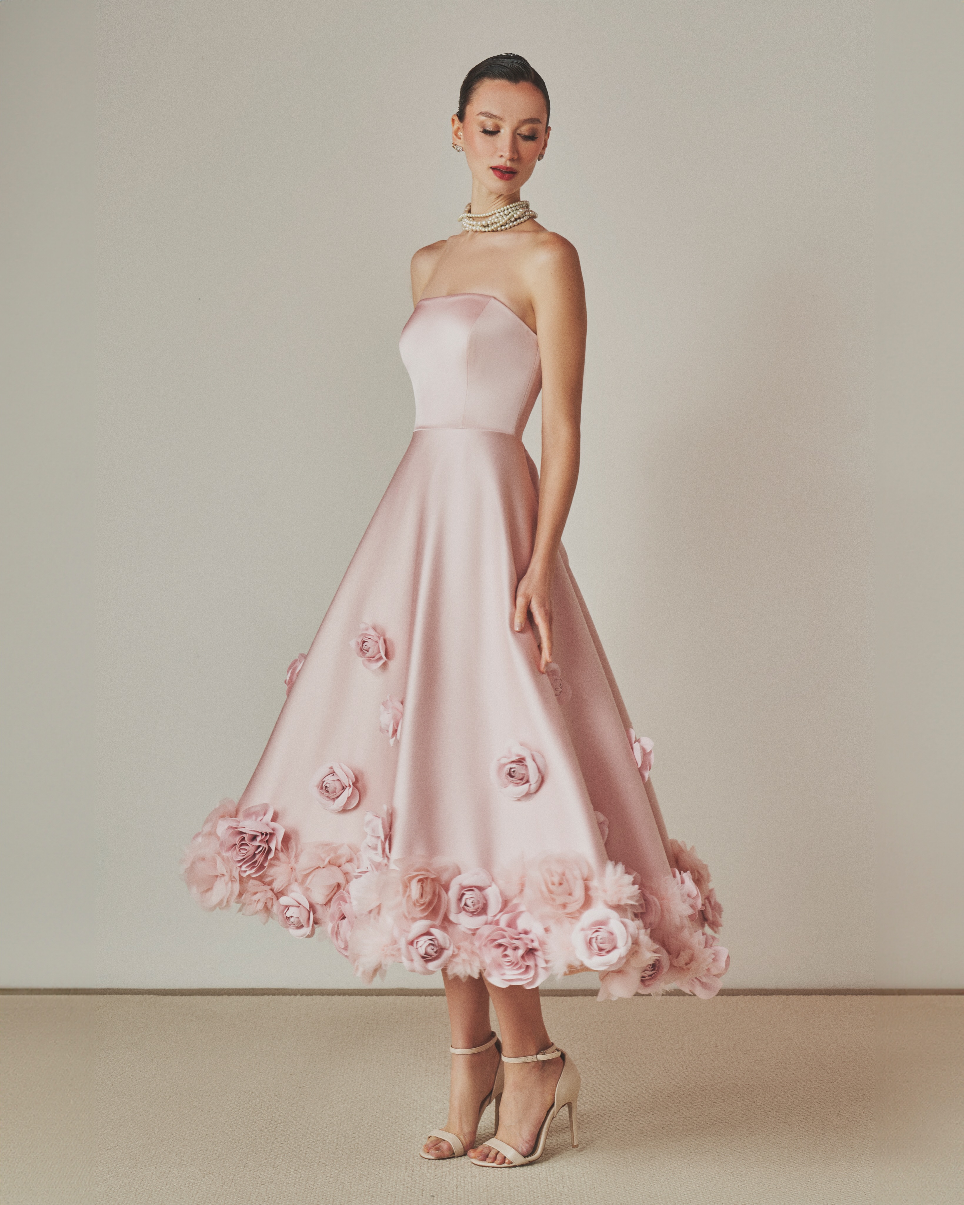 Romantic Rose-Embellished Strapless Satin Midi Dress