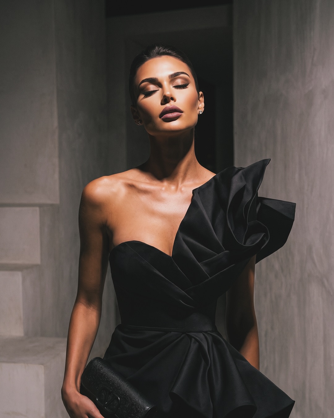 Dramatic Ruffle Asymmetrical One-Shoulder Slit Midi Dress