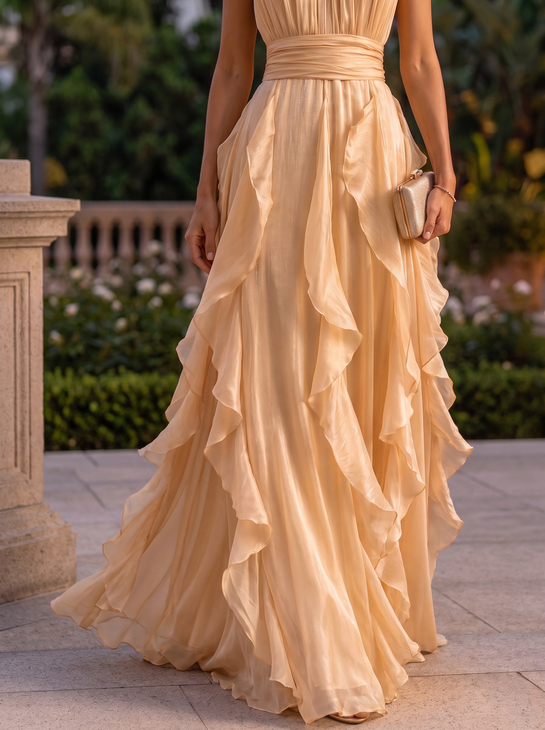 High Neck Ruffled Satin Halter Evening Gown