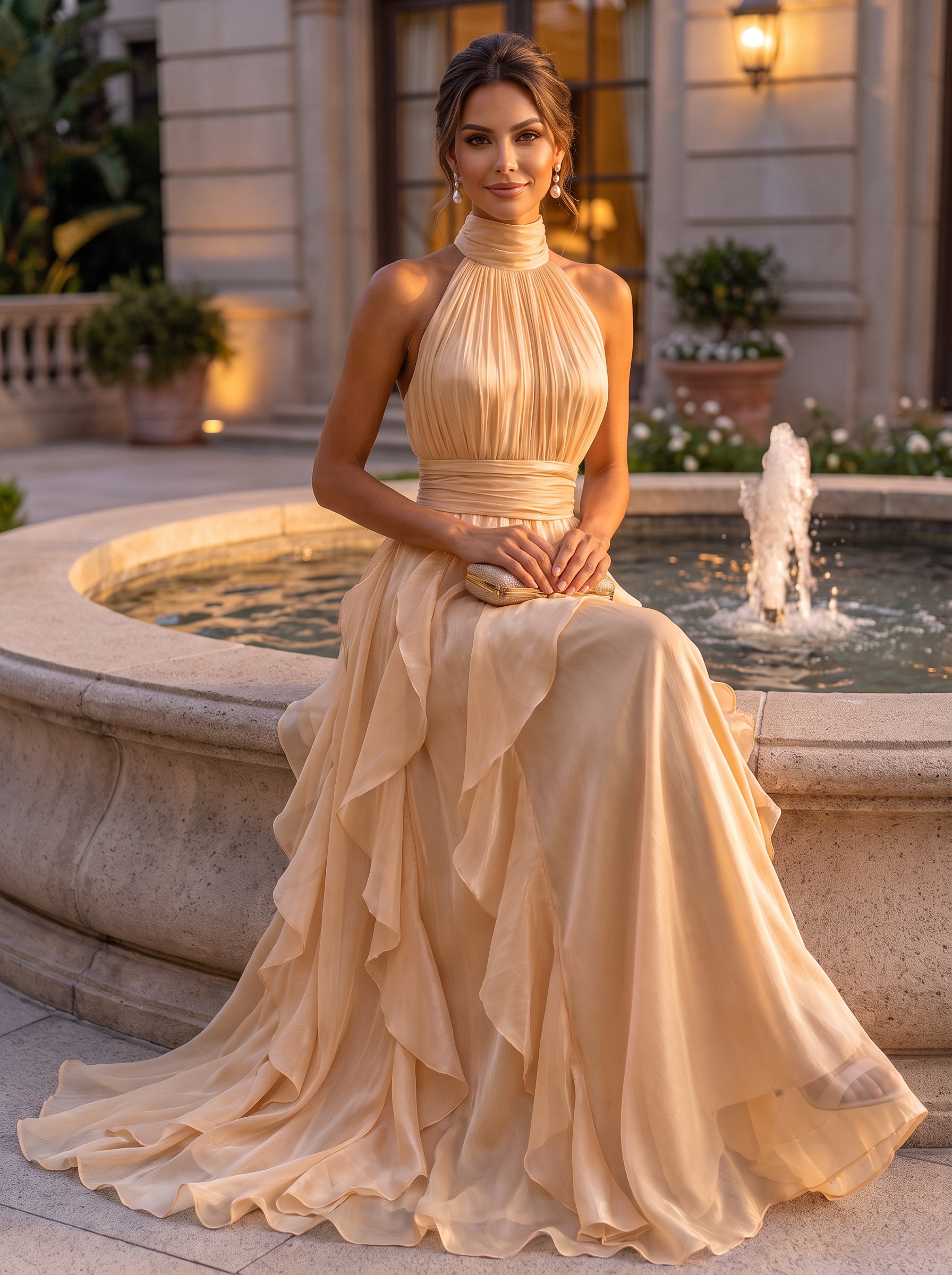 High Neck Ruffled Satin Halter Evening Gown