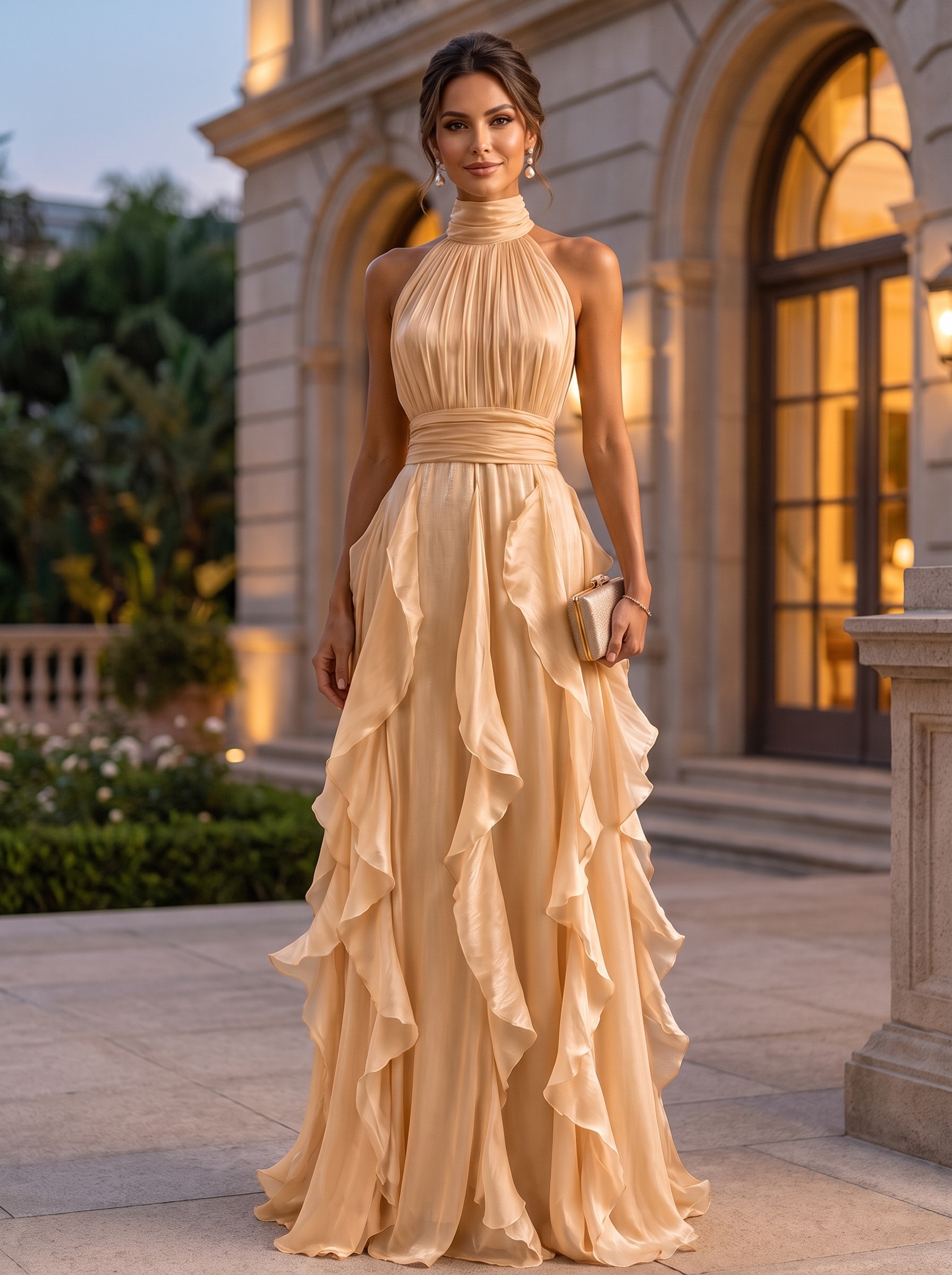 High Neck Ruffled Satin Halter Evening Gown