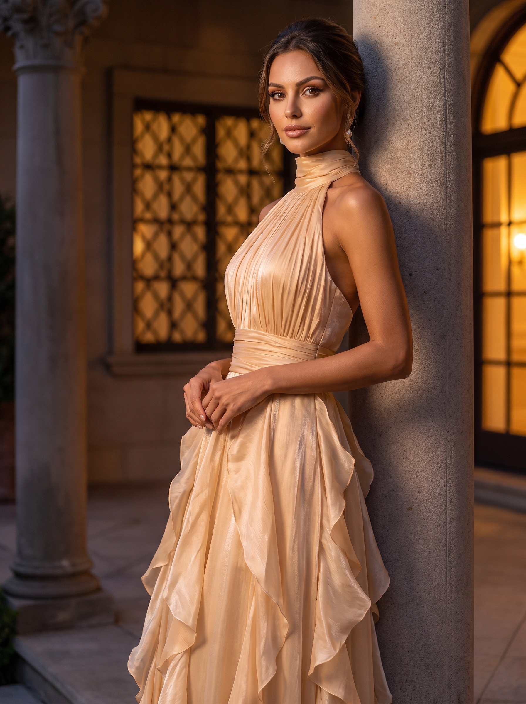 High Neck Ruffled Satin Halter Evening Gown