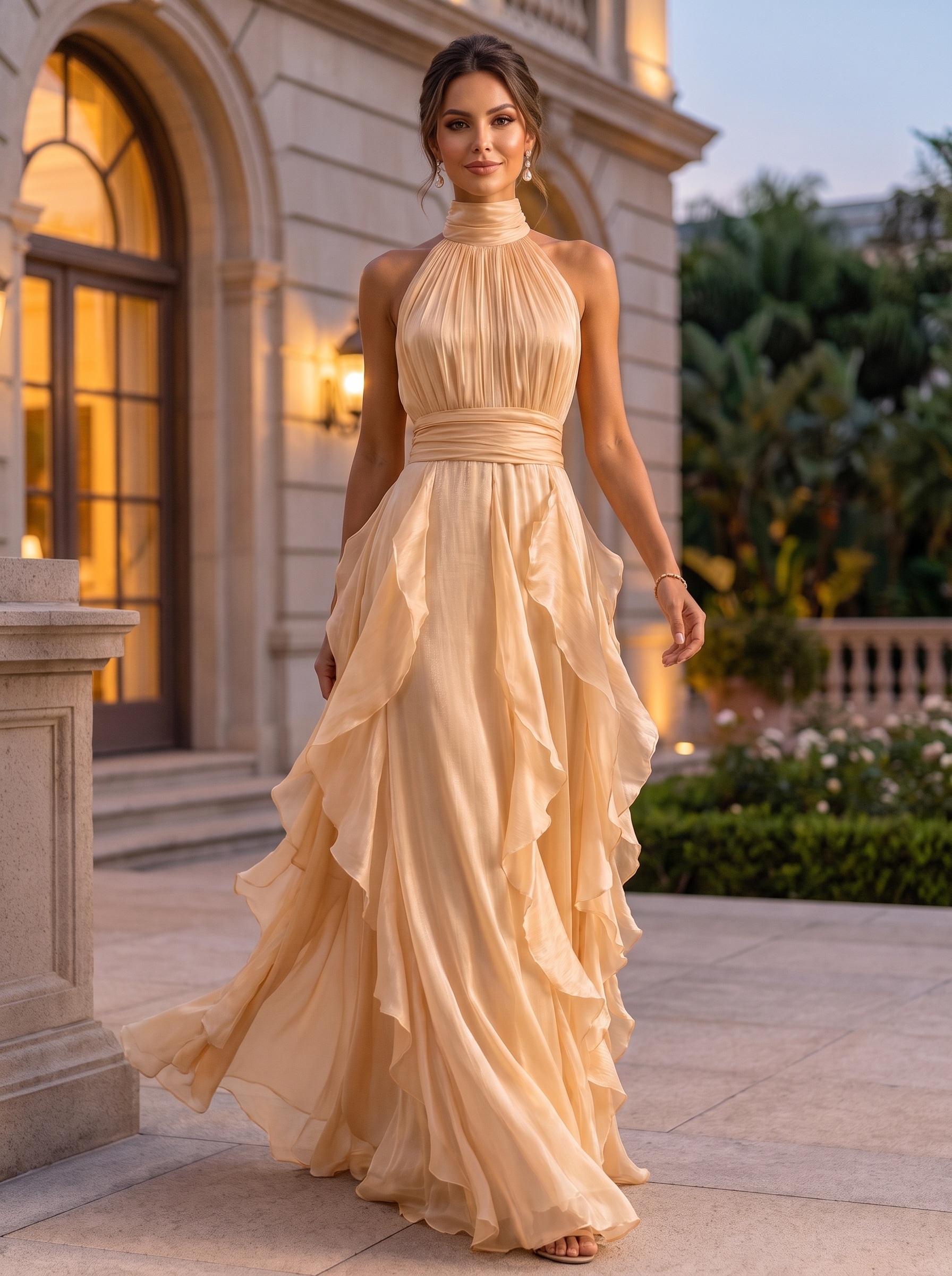High Neck Ruffled Satin Halter Evening Gown